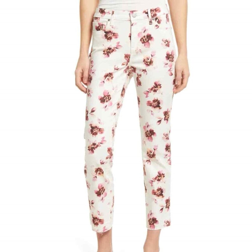 NYDJ Sheri Slim Ankle White Floral Jeans in Bonnieux w/ Released Hems, size 12P